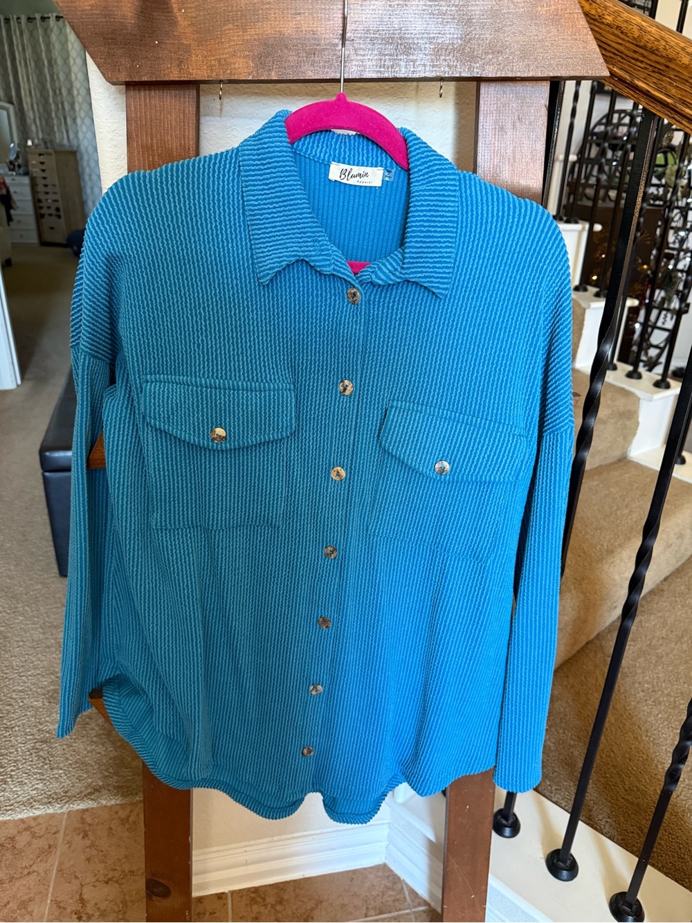 Blankie Teal Button-Down Ribbed Shirt